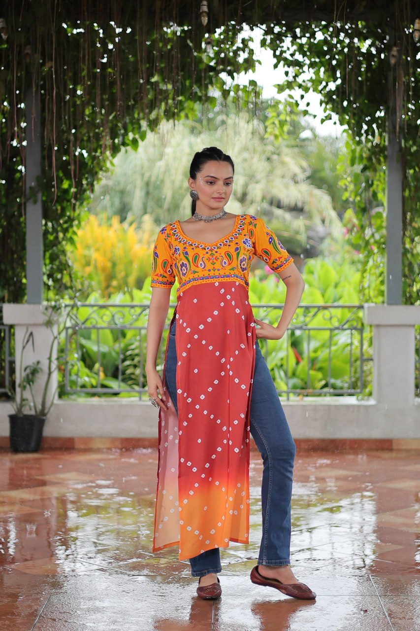 Yellow & Peach shade Navratri Special Printed Rayon Kurti with Kutchi Gamthi Embroidery & Pan Neck