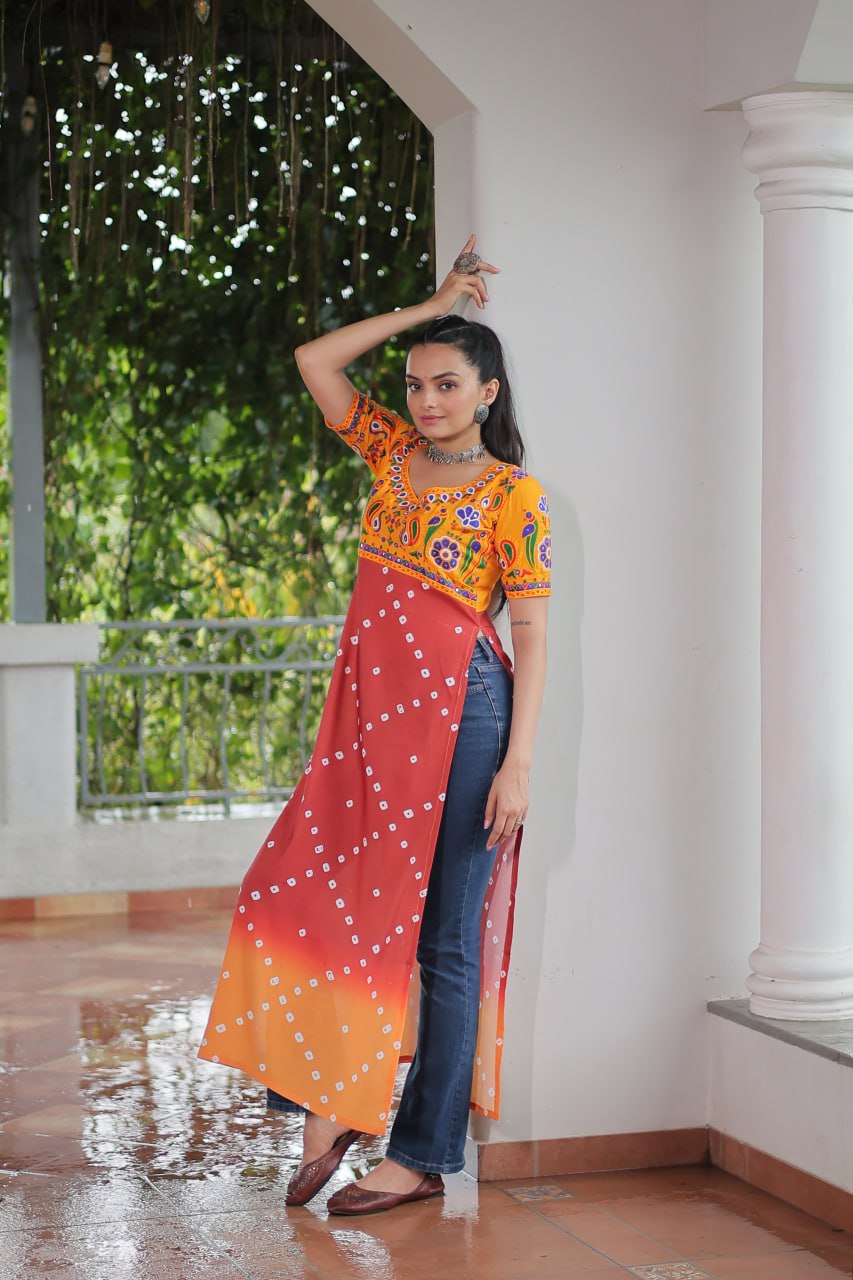 Yellow & Peach shade Navratri Special Printed Rayon Kurti with Kutchi Gamthi Embroidery & Pan Neck