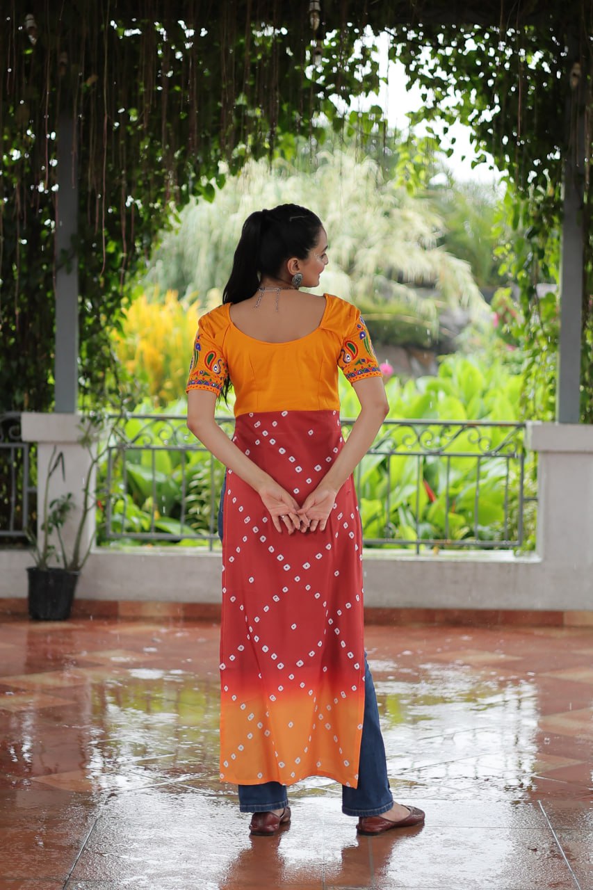 Yellow & Peach shade Navratri Special Printed Rayon Kurti with Kutchi Gamthi Embroidery & Pan Neck