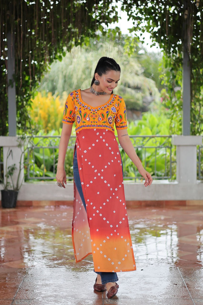 Yellow & Peach shade Navratri Special Printed Rayon Kurti with Kutchi Gamthi Embroidery & Pan Neck