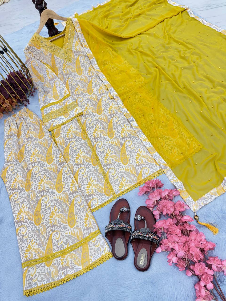 Yellow Premium  Designer Cotton Readymade Top Plazzo set With Dupatta