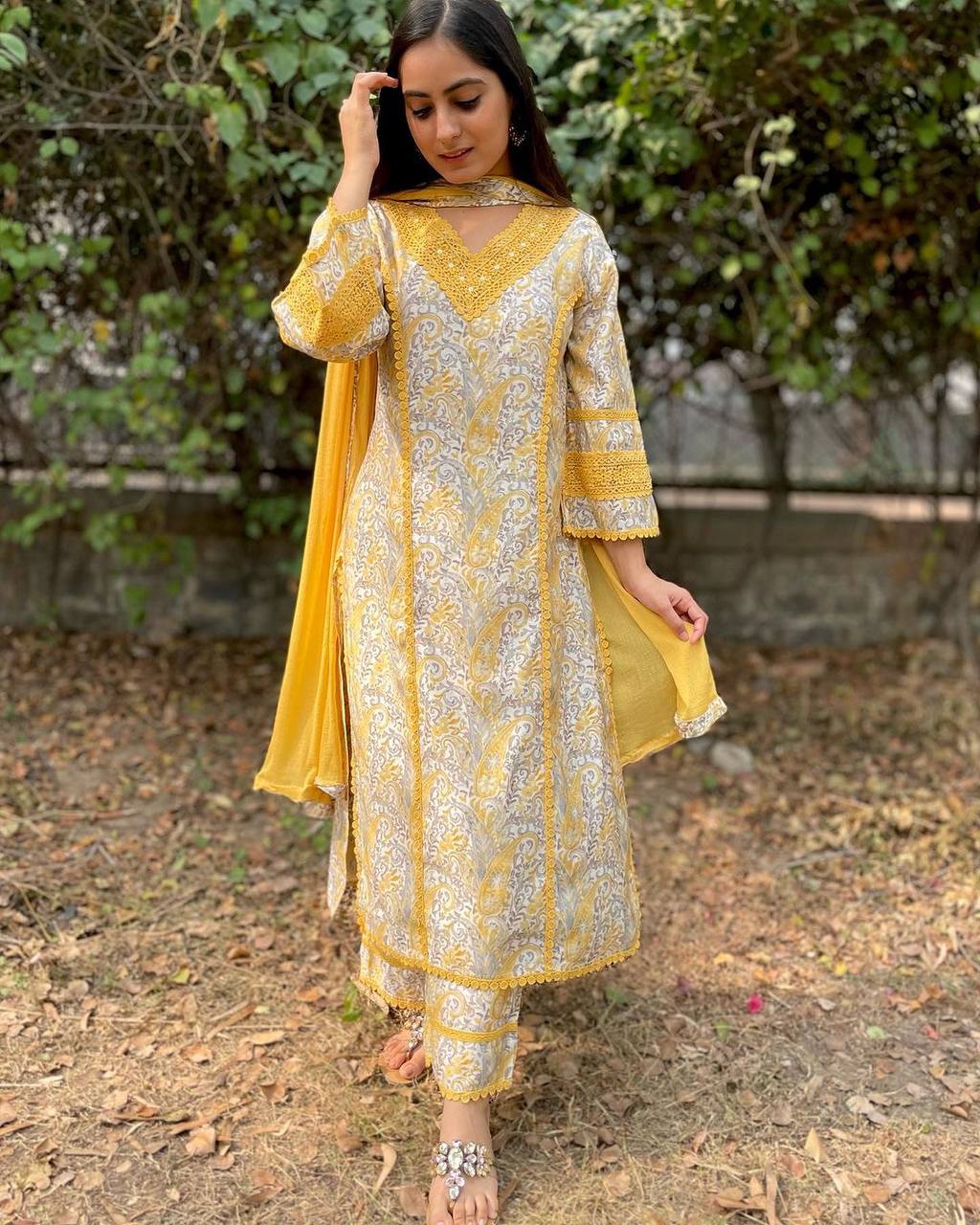 Yellow Premium  Designer Cotton Readymade Top Plazzo set With Dupatta