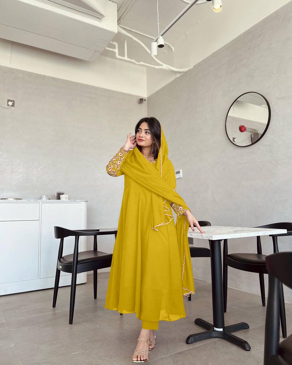 Yellow Premium Designer Party Wear Anarkali Gown, Dupatta & Bottom Set
