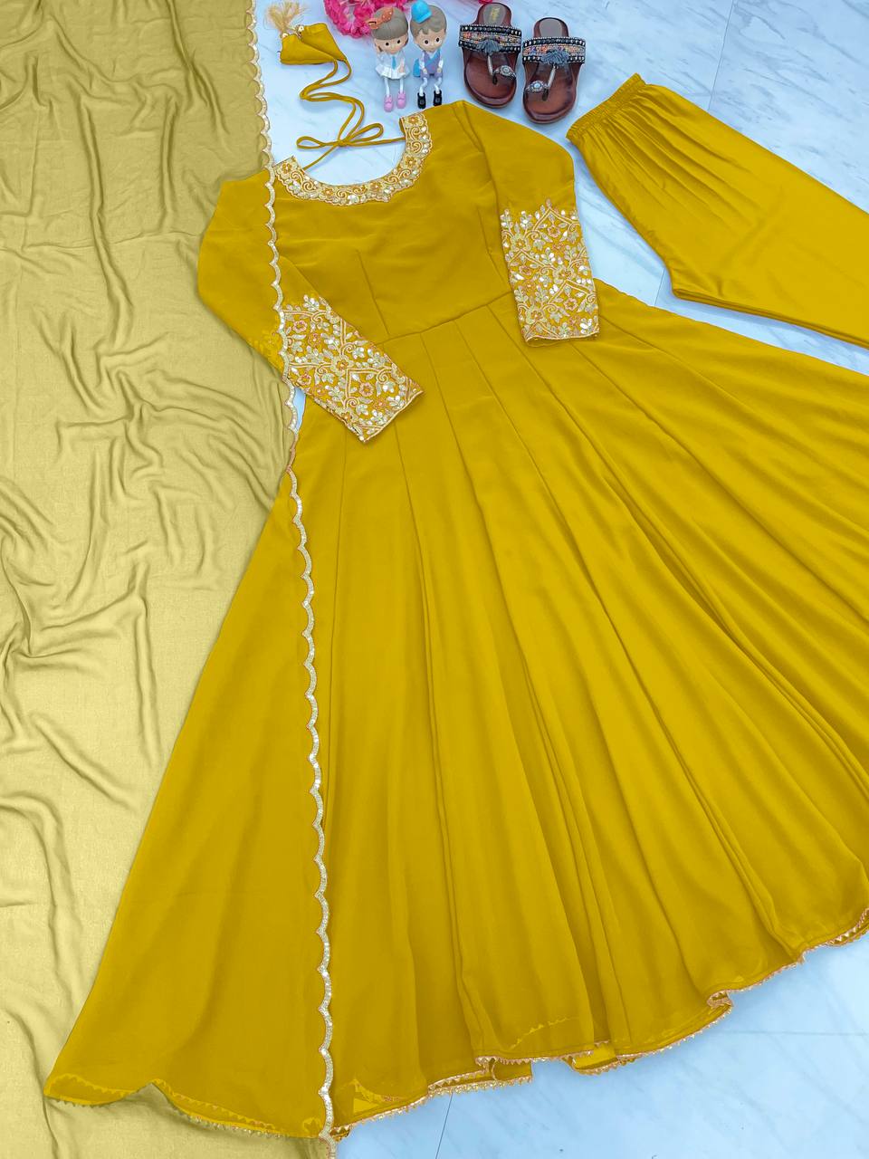 Yellow Premium Designer Party Wear Anarkali Gown, Dupatta & Bottom Set