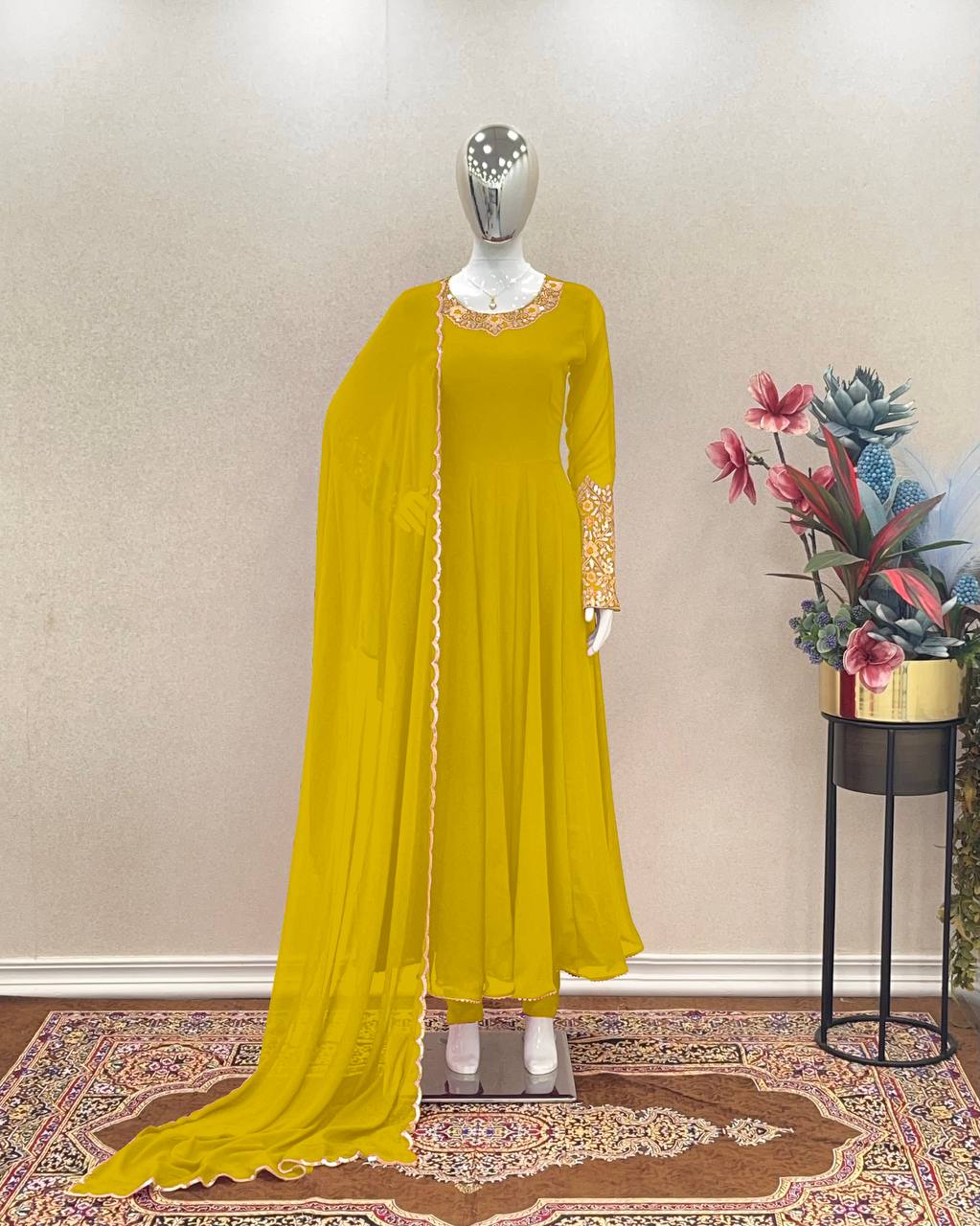 Yellow Premium Designer Party Wear Anarkali Gown, Dupatta & Bottom Set