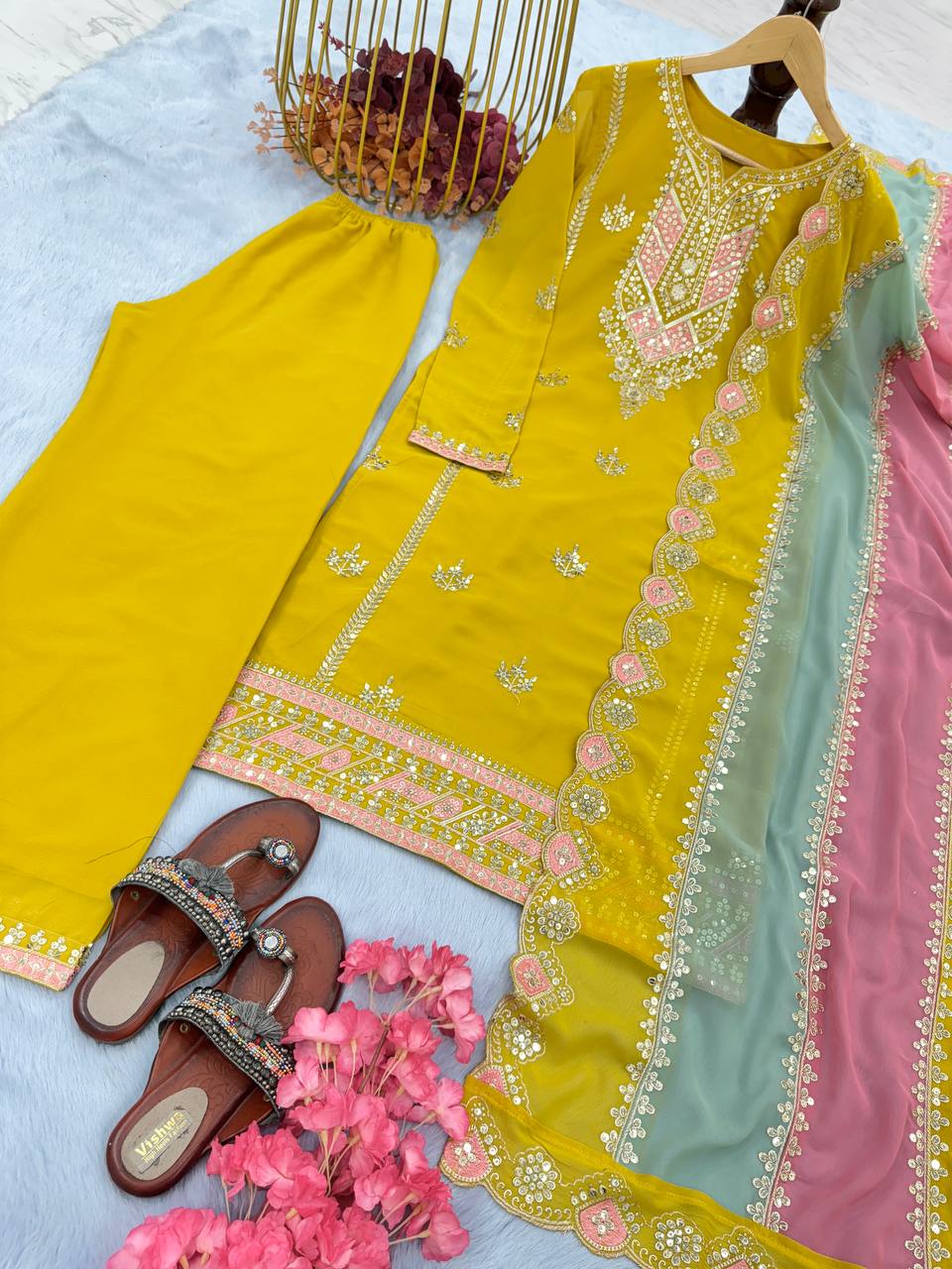 Yellow Premium Designer Partywear Readymade Top, Plazzo & Dupatta Set