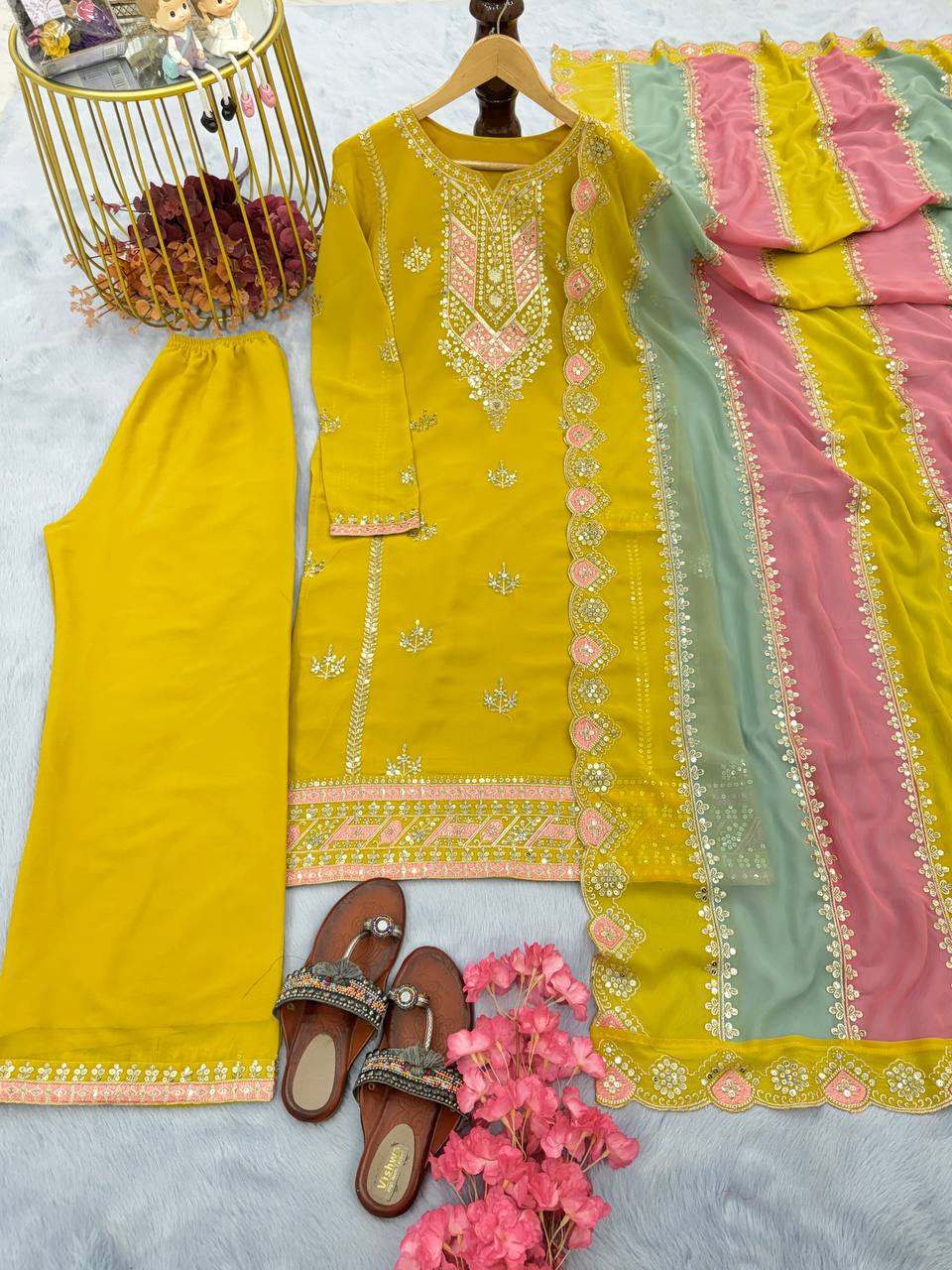 Yellow Premium Designer Partywear Readymade Top, Plazzo & Dupatta Set