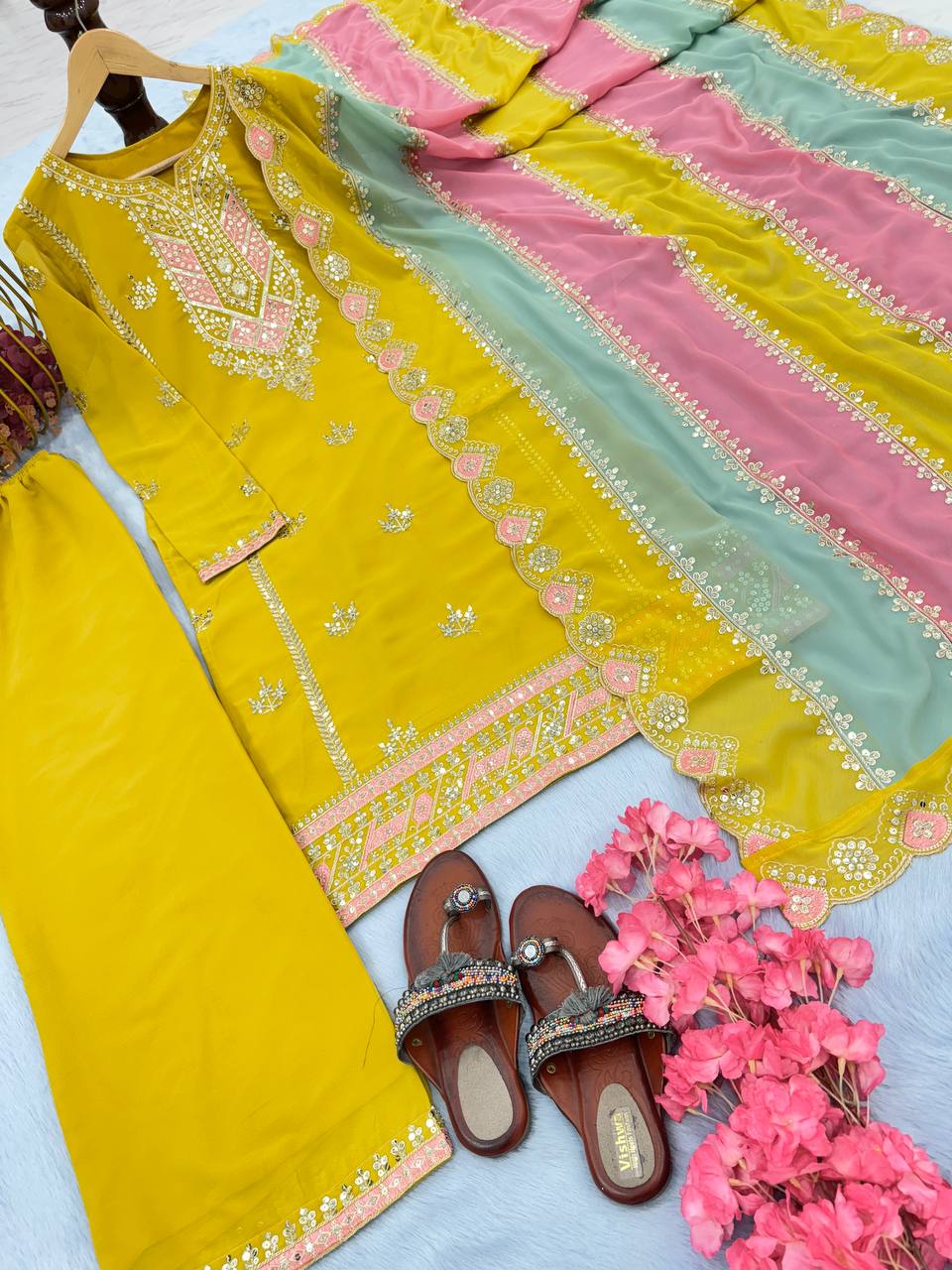 Yellow Premium Designer Partywear Readymade Top, Plazzo & Dupatta Set