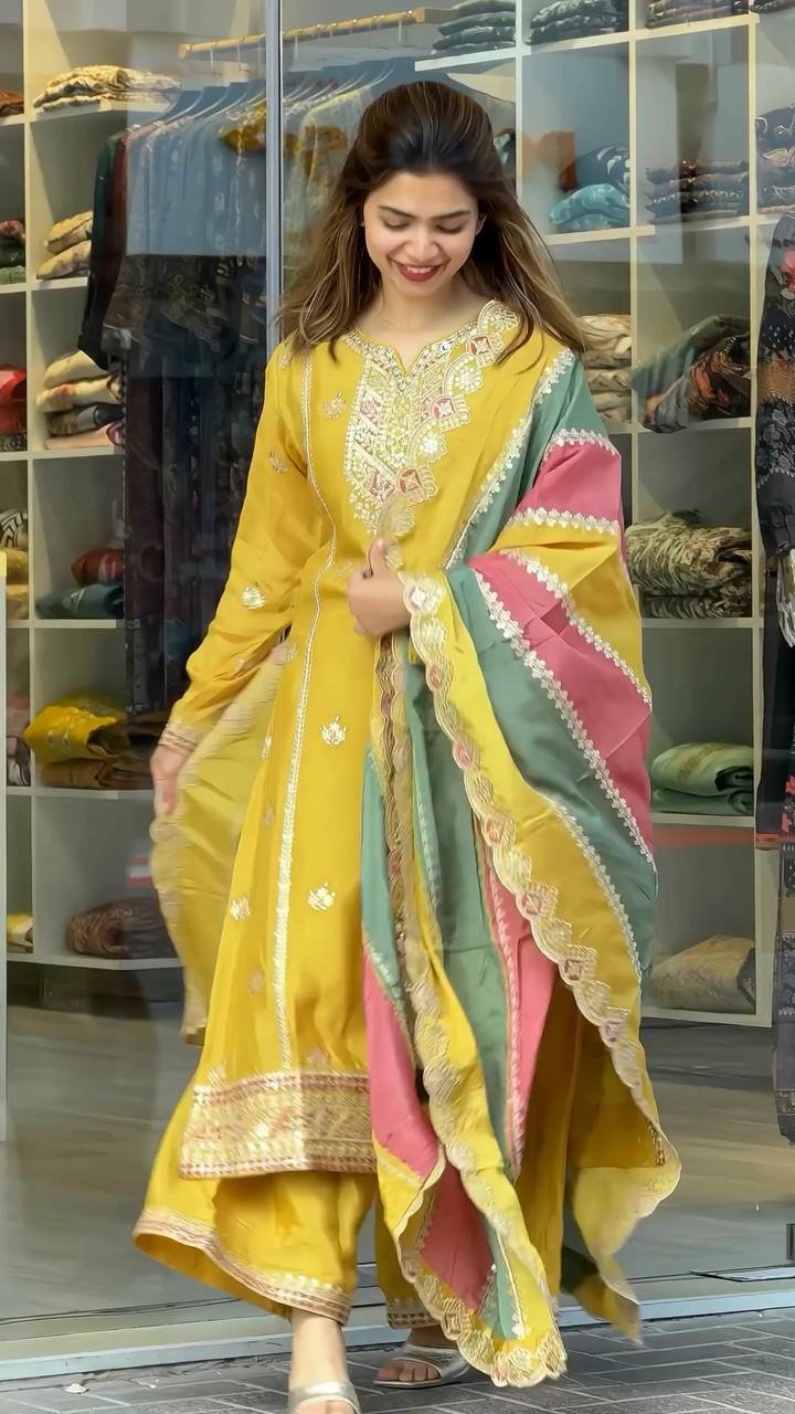 Yellow Premium Designer Partywear Readymade Top, Plazzo & Dupatta Set
