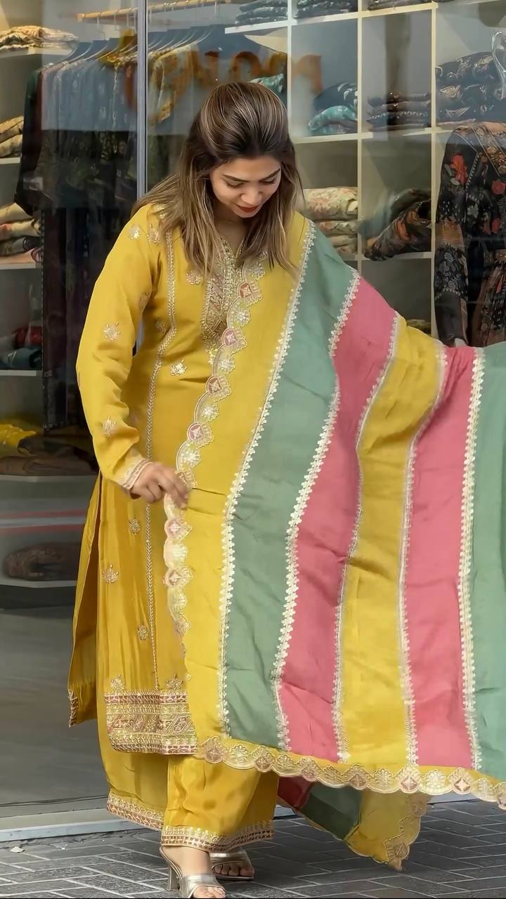 Yellow Premium Designer Partywear Readymade Top, Plazzo & Dupatta Set