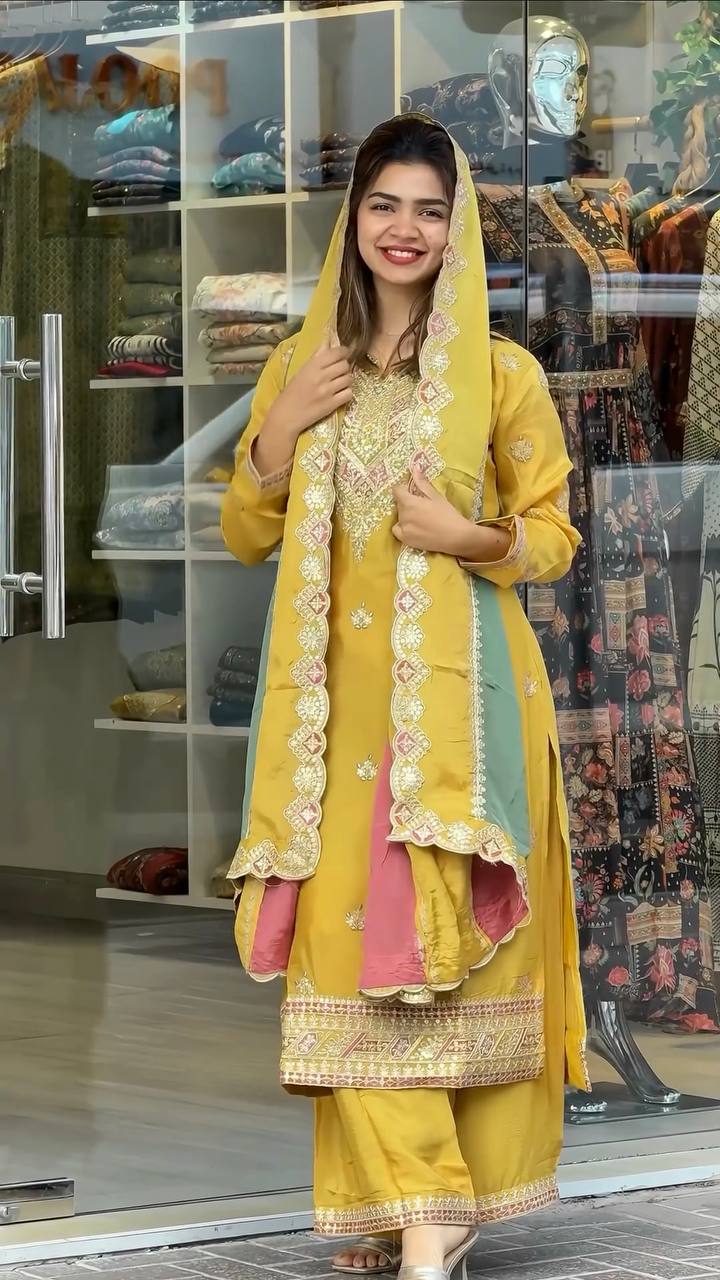 Yellow Premium Designer Partywear Readymade Top, Plazzo & Dupatta Set