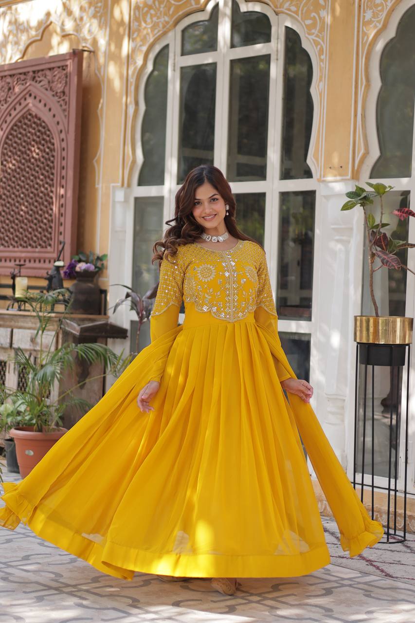 Yellow Premium Designer Readymade Gown with Dupatta Collection
