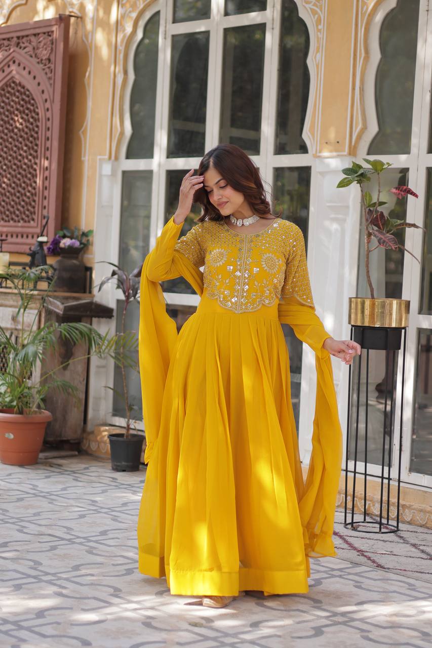 Yellow Premium Designer Readymade Gown with Dupatta Collection