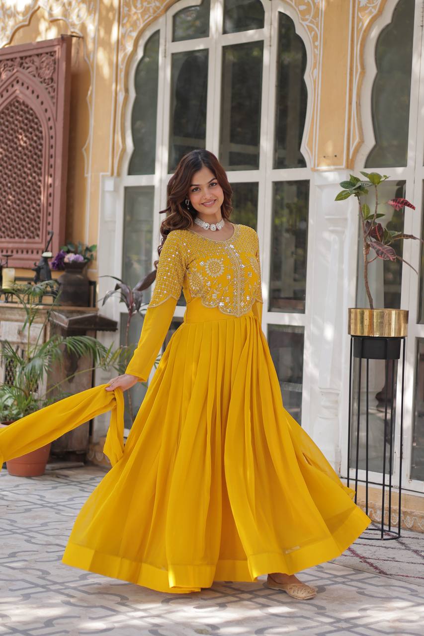 Yellow Premium Designer Readymade Gown with Dupatta Collection