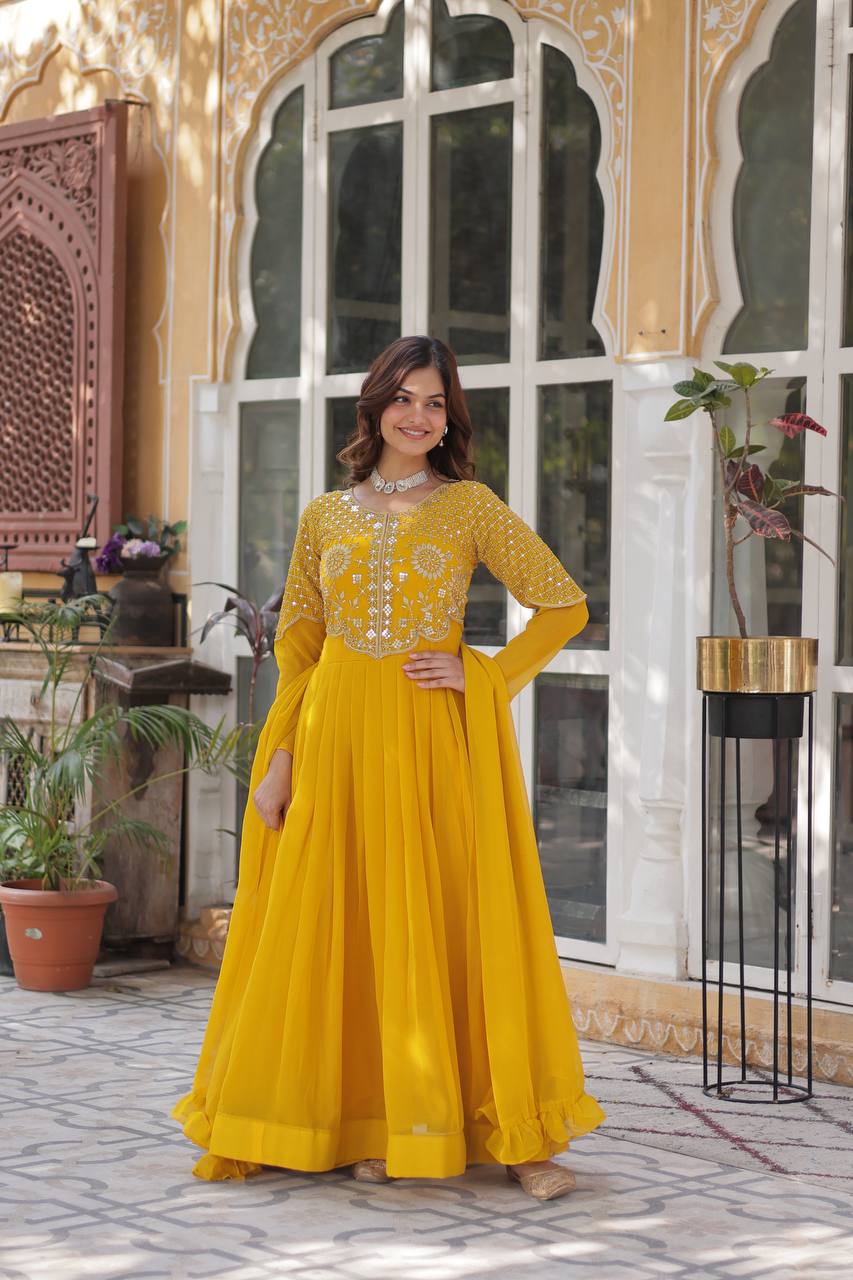 Yellow Premium Designer Readymade Gown with Dupatta Collection