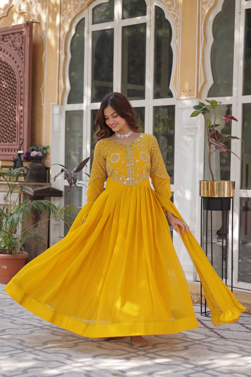 Yellow Premium Designer Readymade Gown with Dupatta Collection