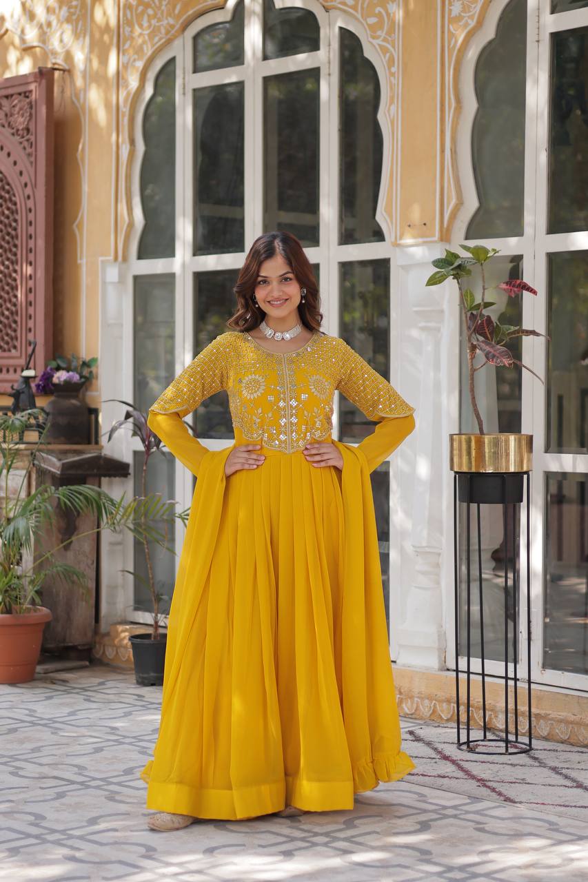Yellow Premium Designer Readymade Gown with Dupatta Collection