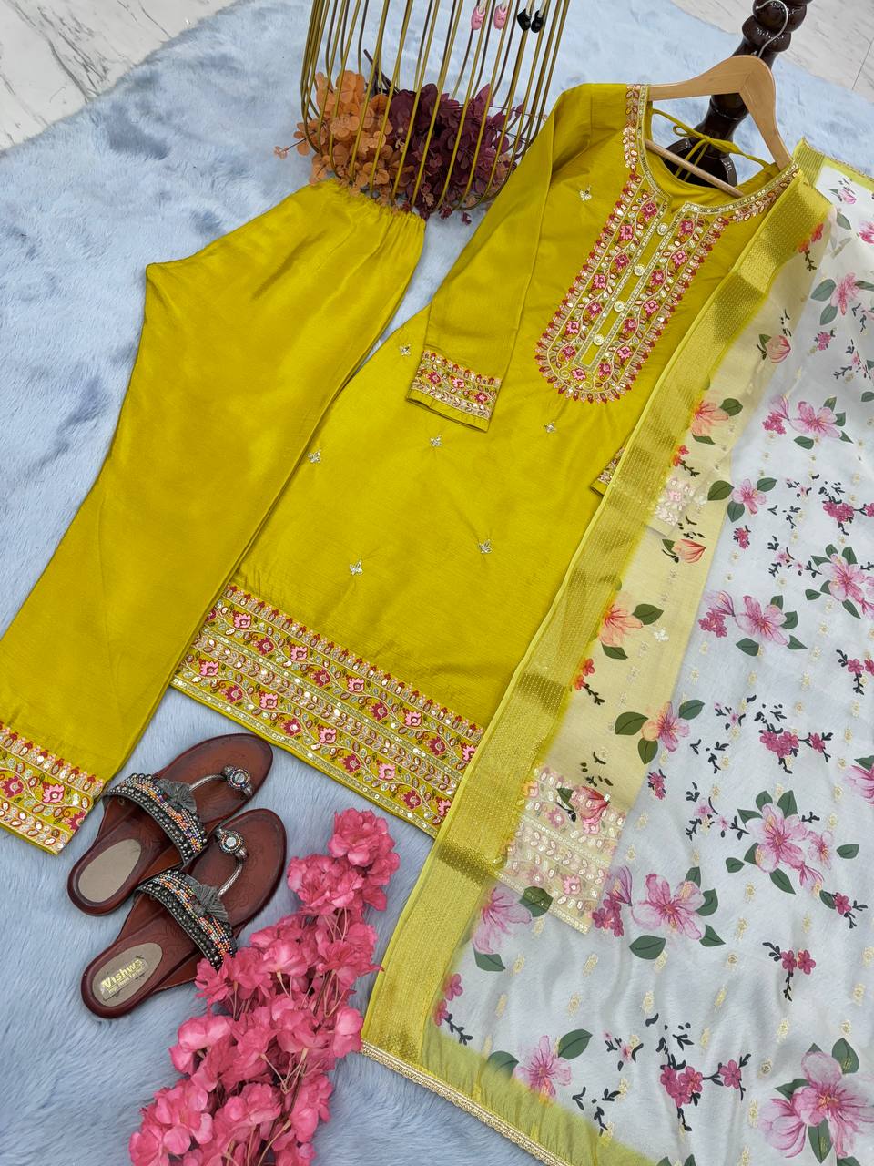 Yellow Premium Designer Readymade Top & Bottom Set with Elegant Dupatta – Party Wear Collection