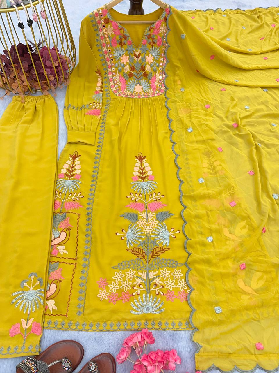 Yellow Premium Designer Readymade Top, Palazzo & Dupatta Set