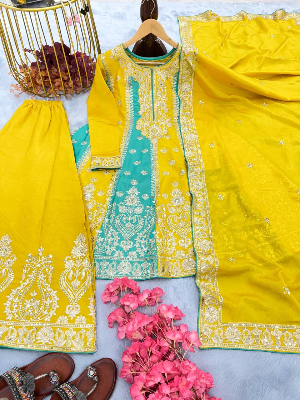 Yellow Premium Designer Readymade Top, Palazzo & Dupatta