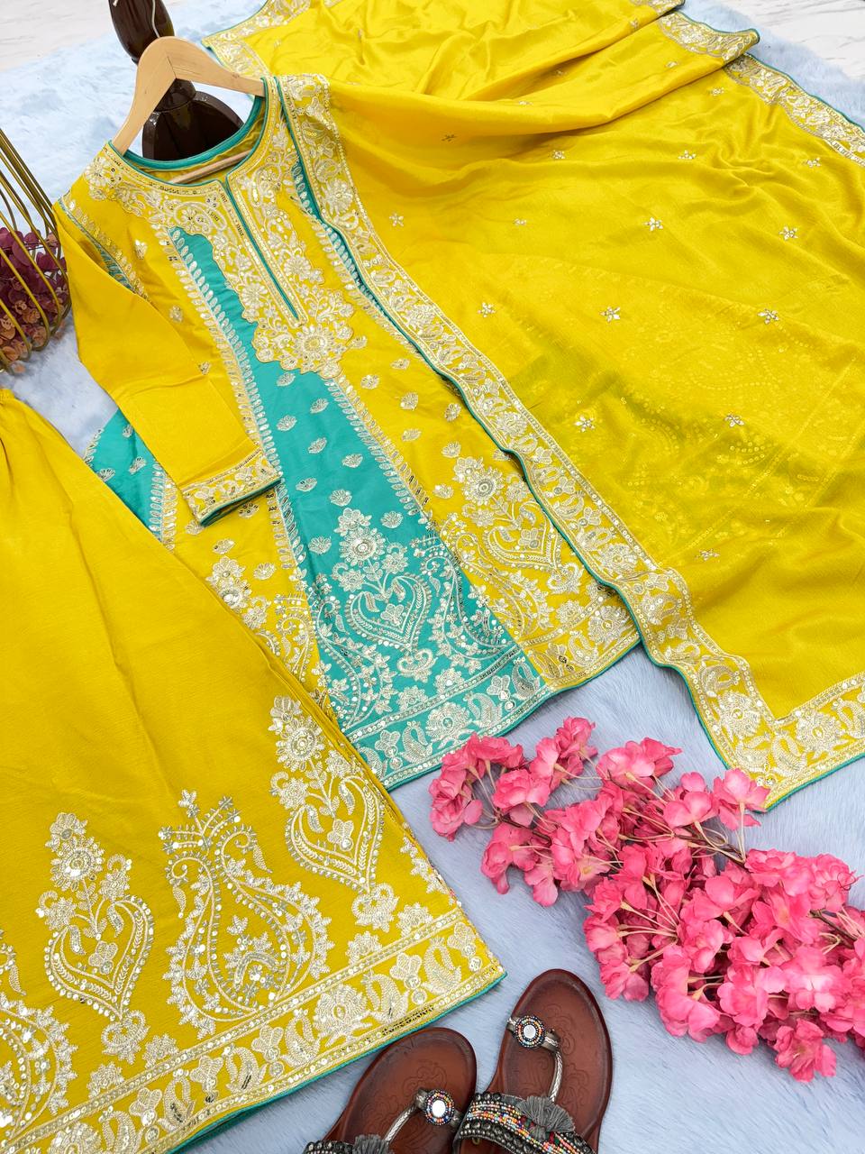 Yellow Premium Designer Readymade Top, Palazzo & Dupatta
