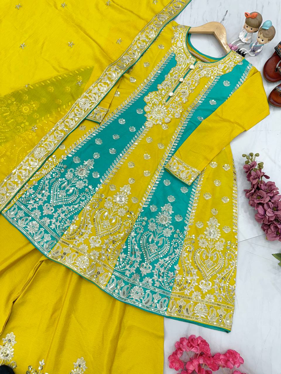 Yellow Premium Designer Readymade Top, Palazzo & Dupatta