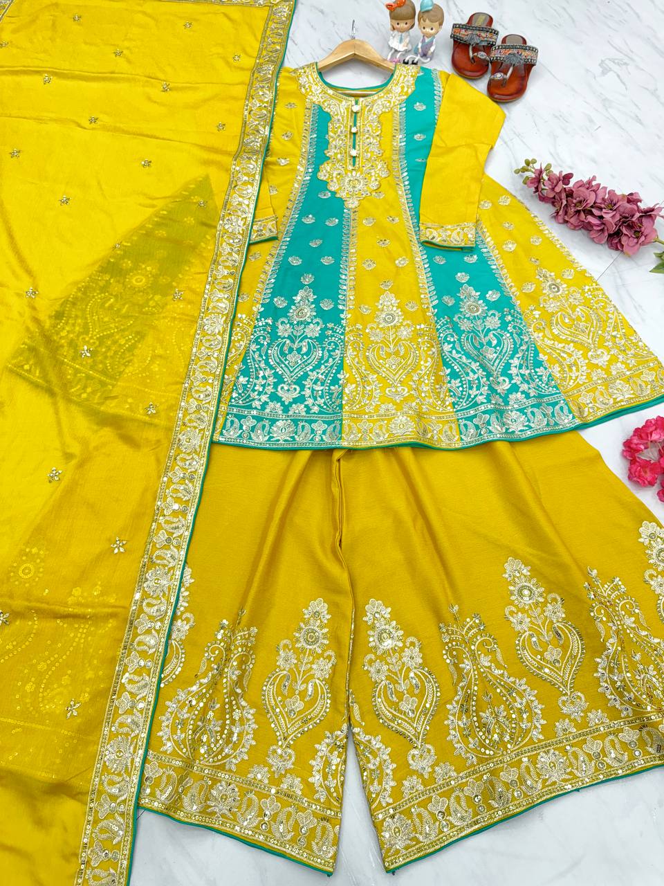 Yellow Premium Designer Readymade Top, Palazzo & Dupatta
