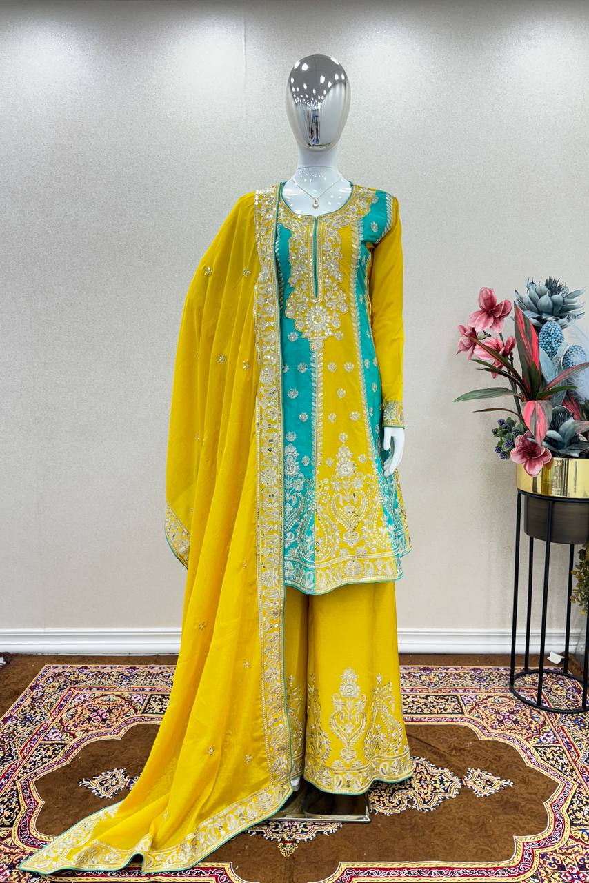 Yellow Premium Designer Readymade Top, Palazzo & Dupatta