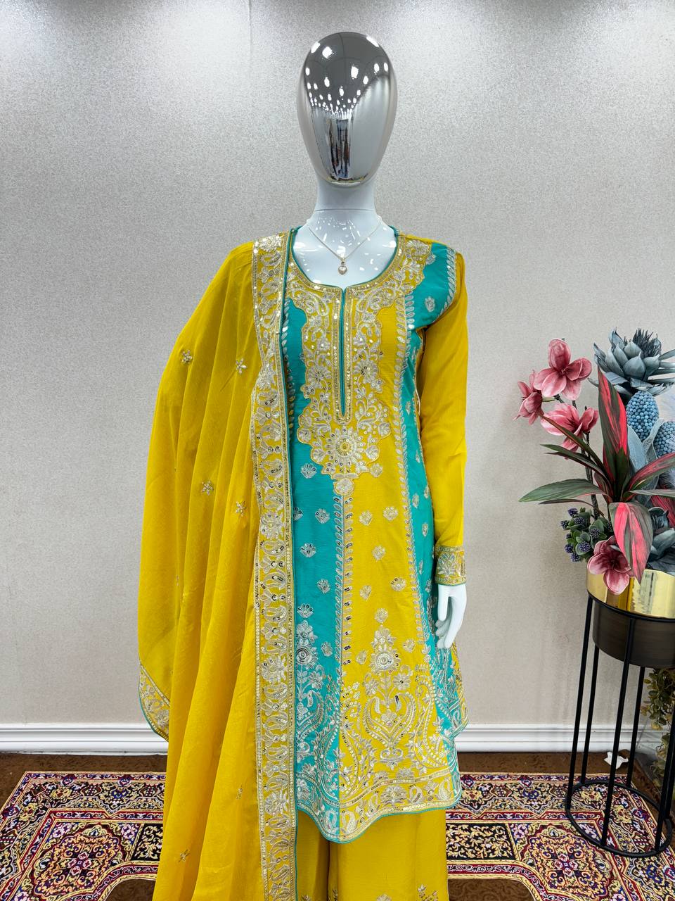 Yellow Premium Designer Readymade Top, Palazzo & Dupatta