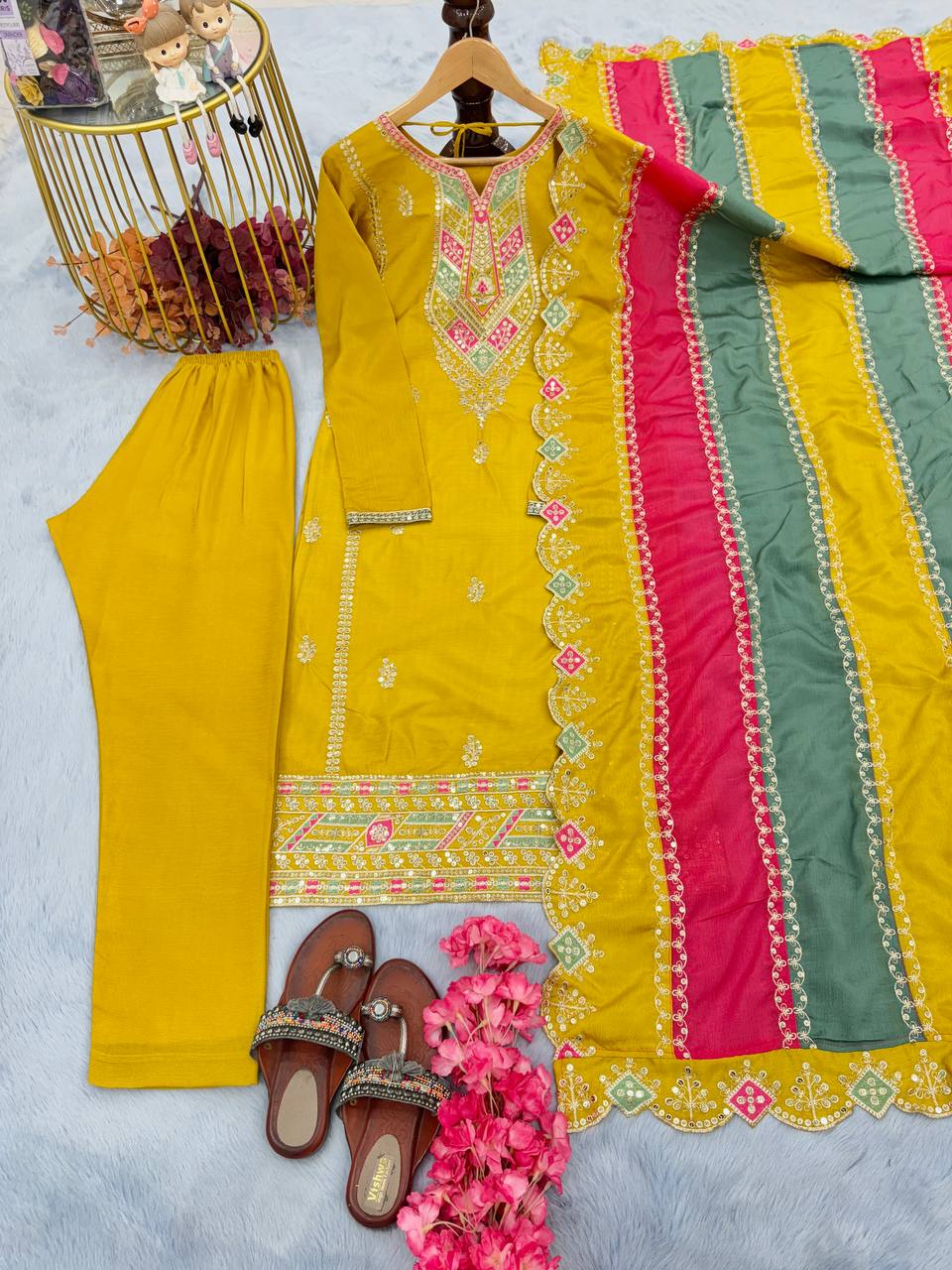 Yellow Premium Designer Readymade Top, Plazzo & multi color Dupatta Set - Heavy Party Wear Collection