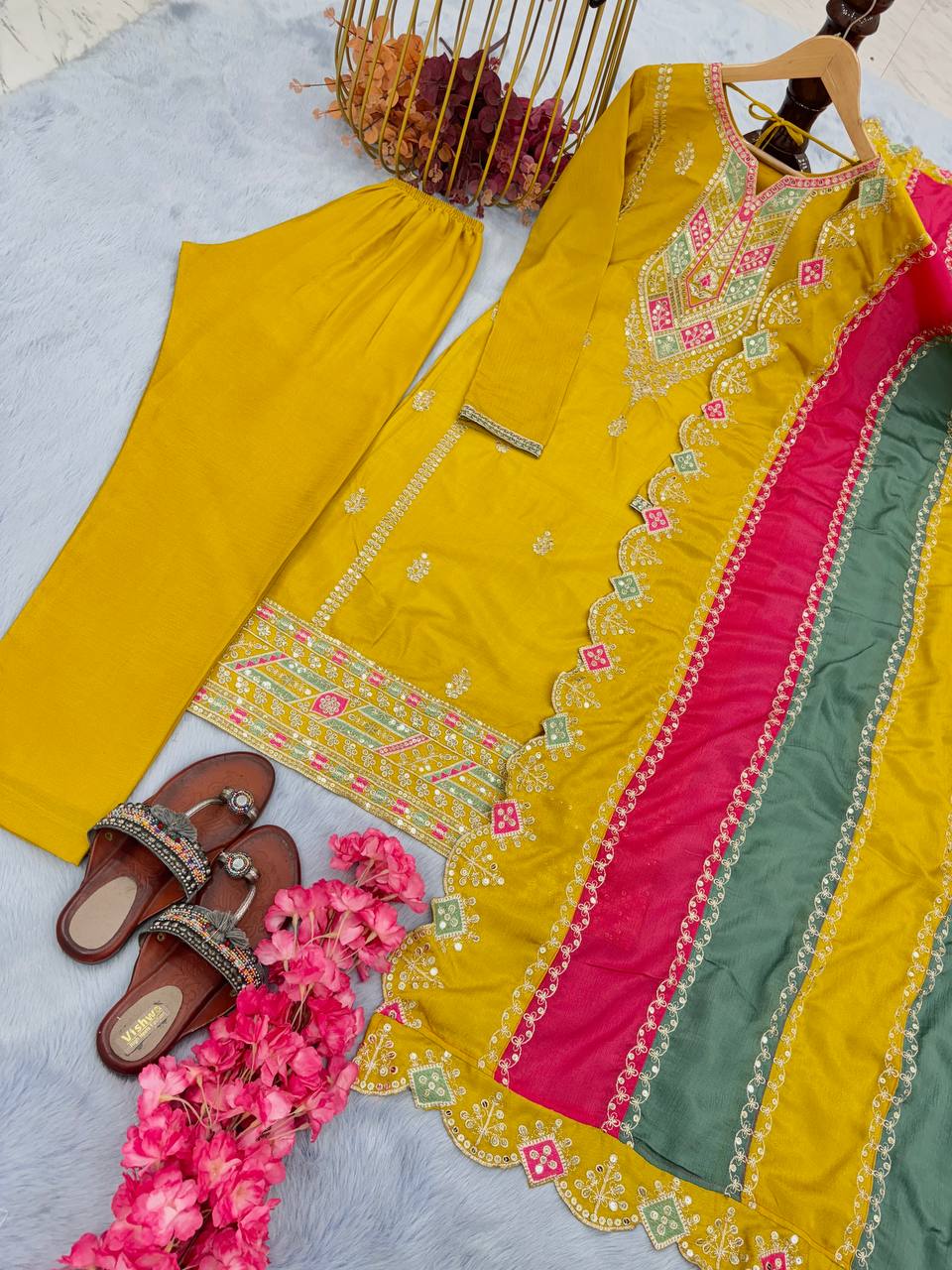 Yellow Premium Designer Readymade Top, Plazzo & multi color Dupatta Set - Heavy Party Wear Collection