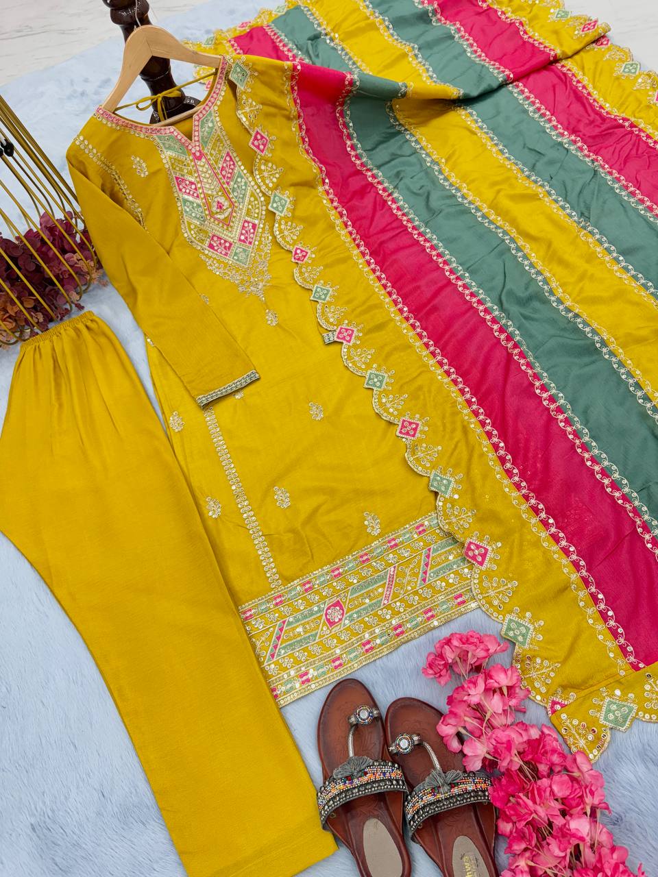 Yellow Premium Designer Readymade Top, Plazzo & multi color Dupatta Set - Heavy Party Wear Collection