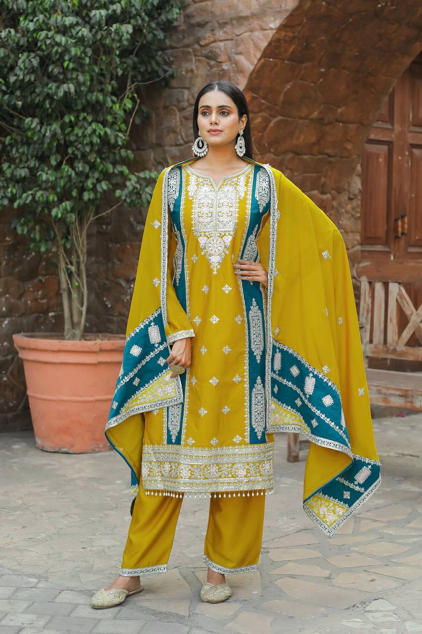 Yellow Premium Designer Readymade Top,Plazzo Set With Dupatta-Party Wear Collection