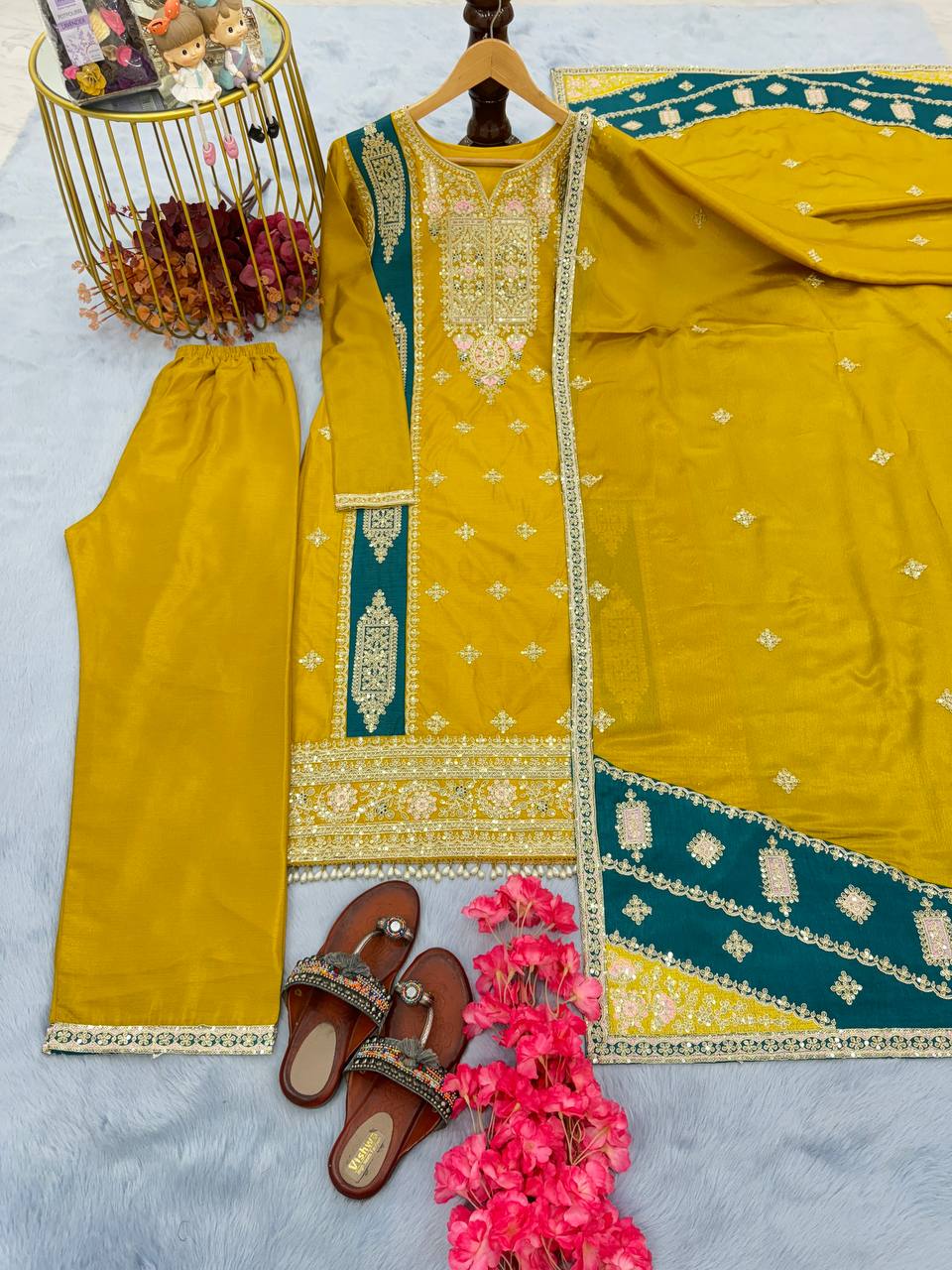 Yellow Premium Designer Readymade Top,Plazzo Set With Dupatta-Party Wear Collection