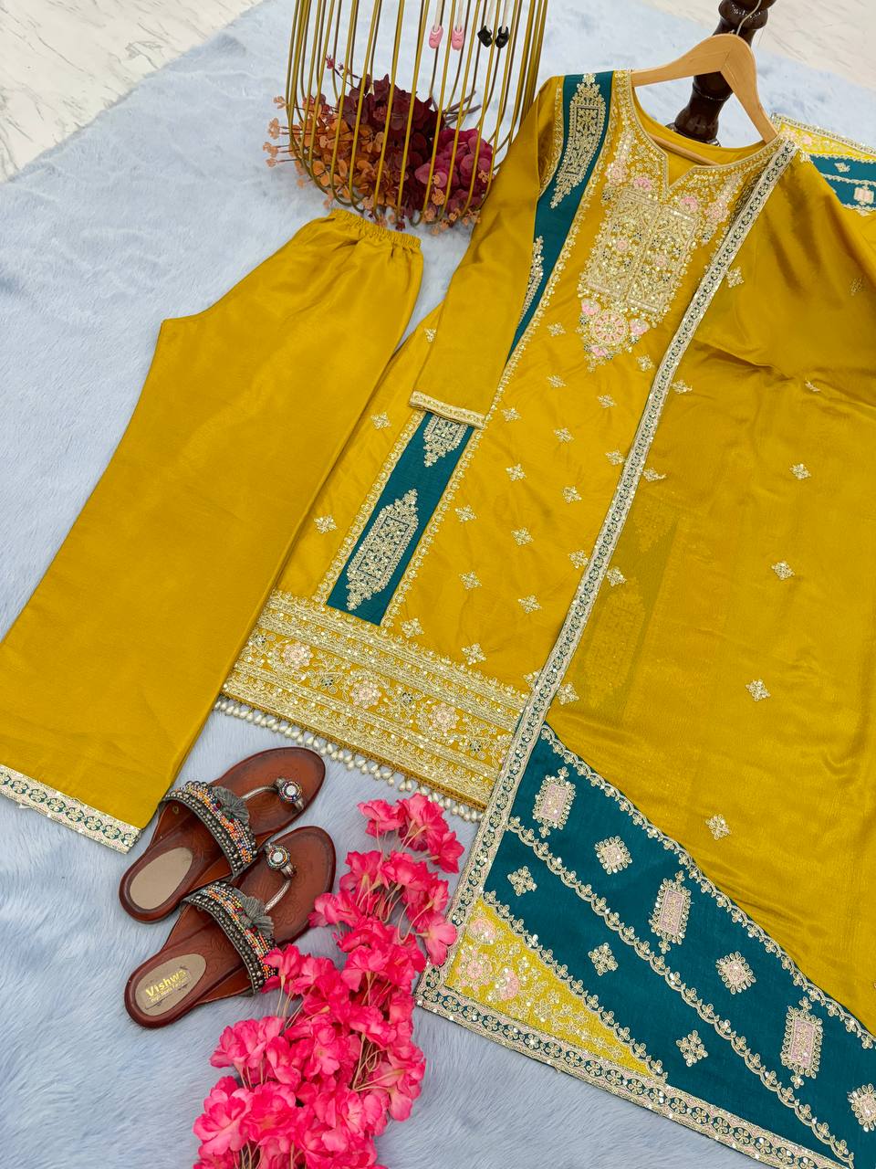 Yellow Premium Designer Readymade Top,Plazzo Set With Dupatta-Party Wear Collection