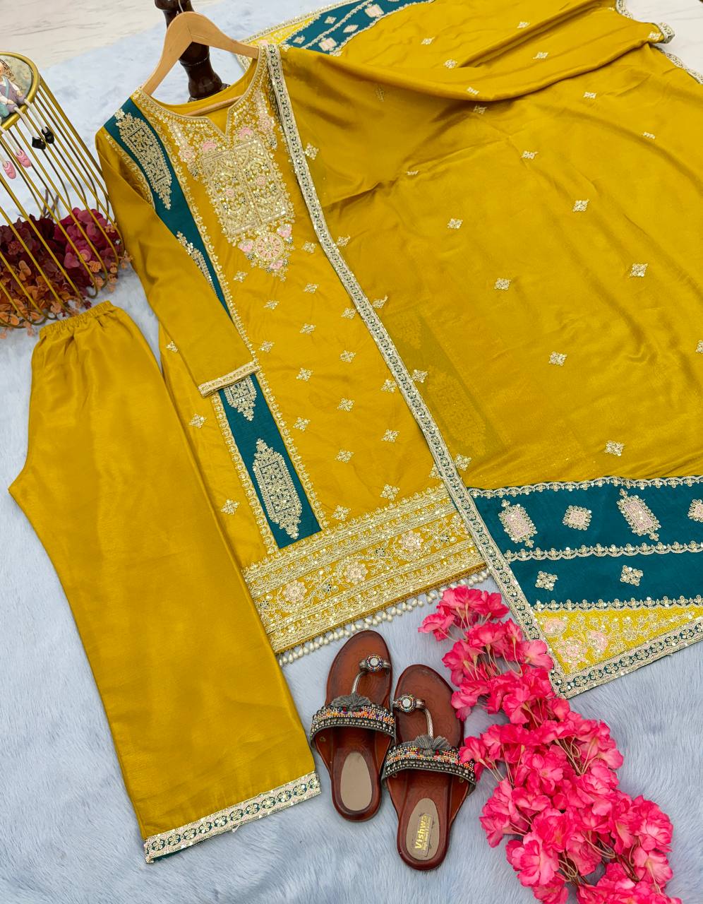 Yellow Premium Designer Readymade Top,Plazzo Set With Dupatta-Party Wear Collection