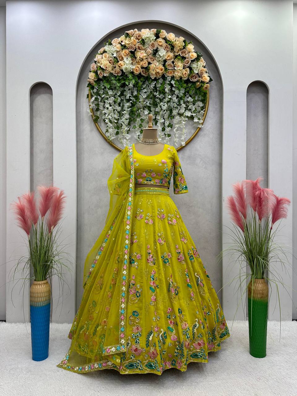 Yellow Premium Fox Georgette Embroidered Lehenga Set with Butterfly Net Dupatta