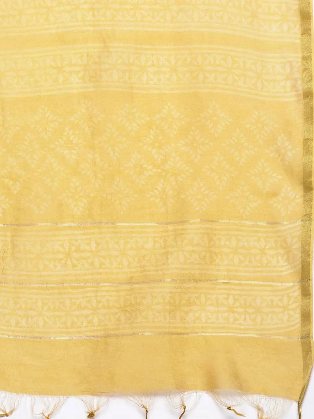 Mameraa Yellow Printed Chanderi Silk Straight Kurta With Dupatta