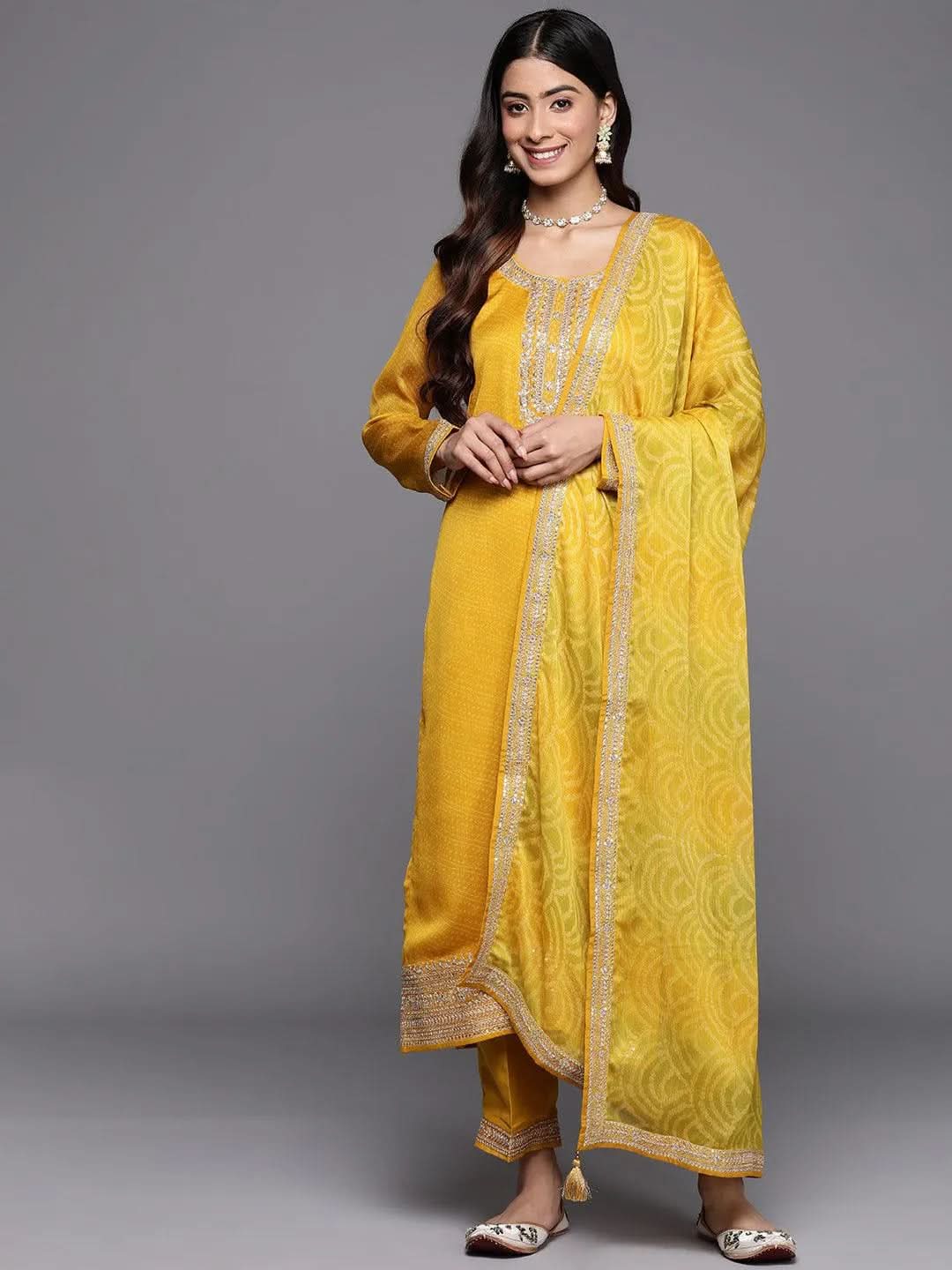 Mameraa Yellow Printed Chiffon Straight Kurta With Trousers & Dupatta