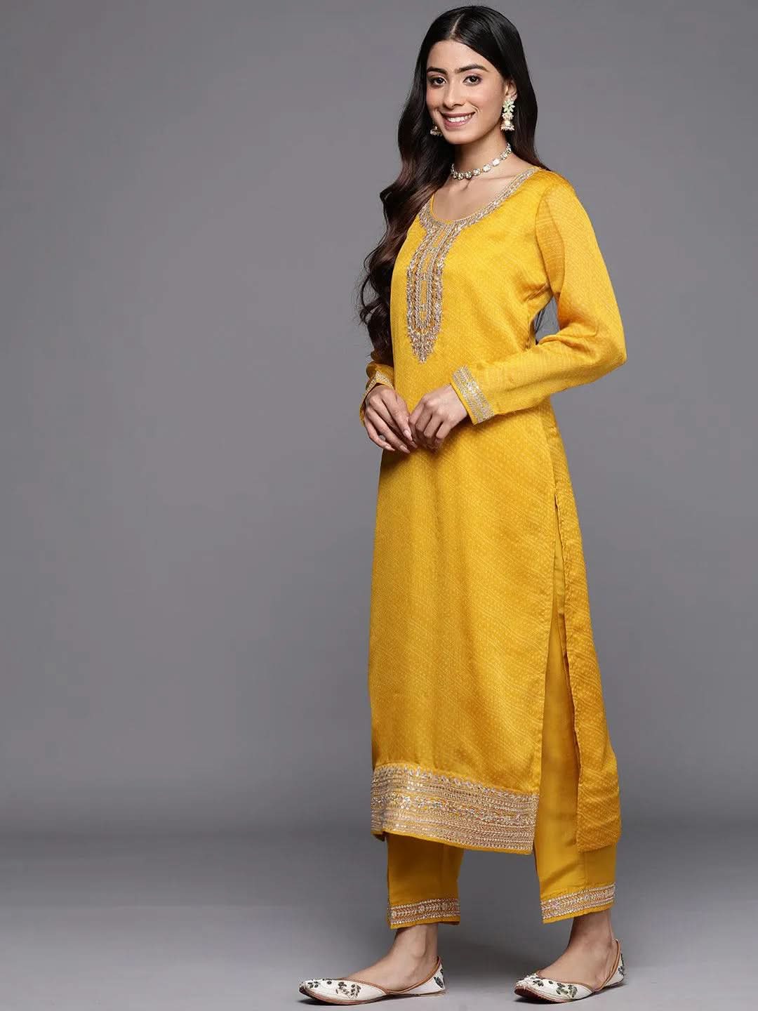 Mameraa Yellow Printed Chiffon Straight Kurta With Trousers & Dupatta