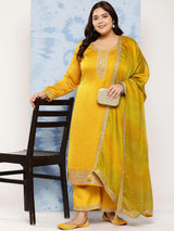 Yellow Printed Chiffon Straight Kurta With Trousers and Dupatta