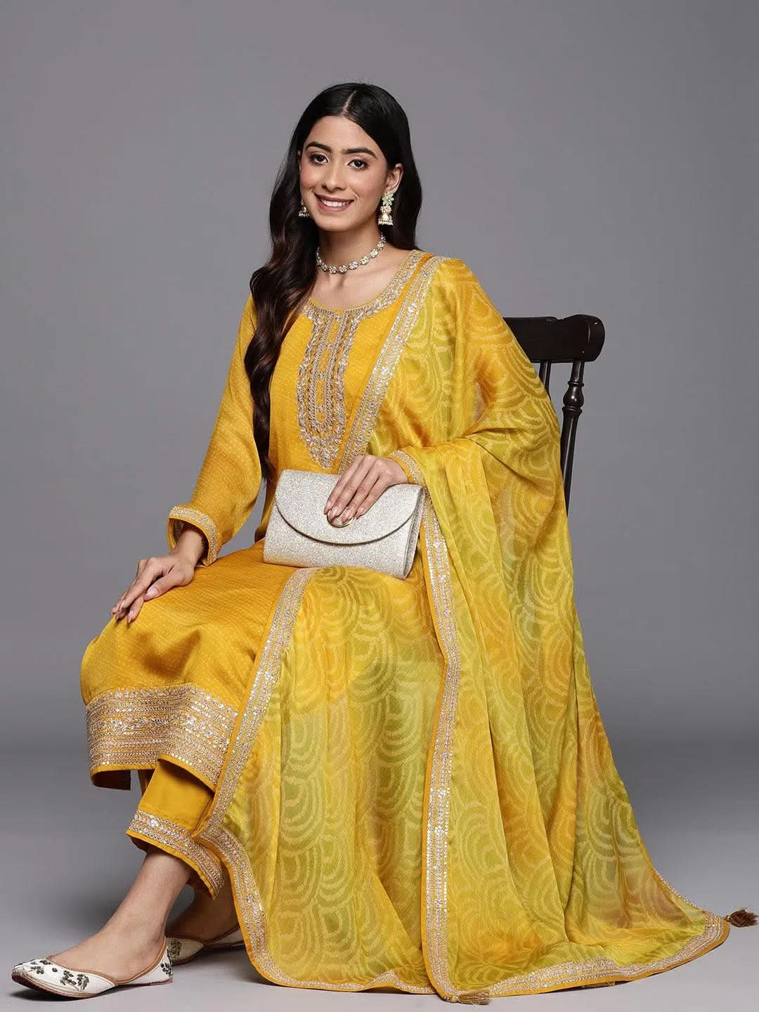 Mameraa Yellow Printed Chiffon Straight Kurta With Trousers & Dupatta