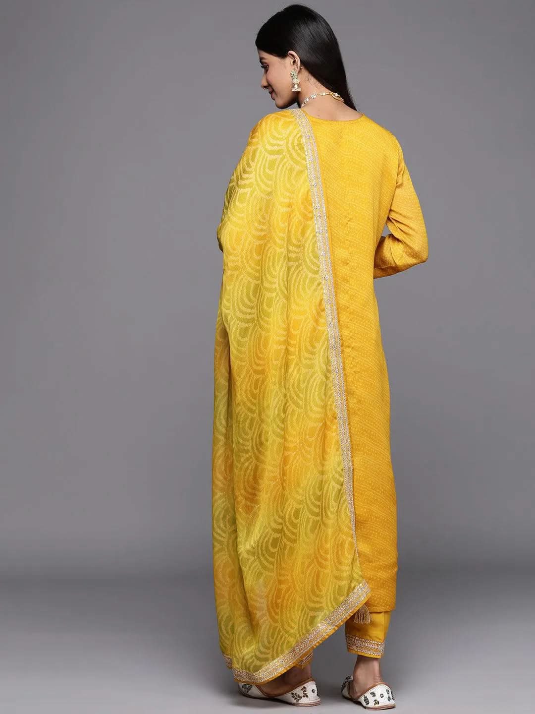 Mameraa Yellow Printed Chiffon Straight Kurta With Trousers & Dupatta