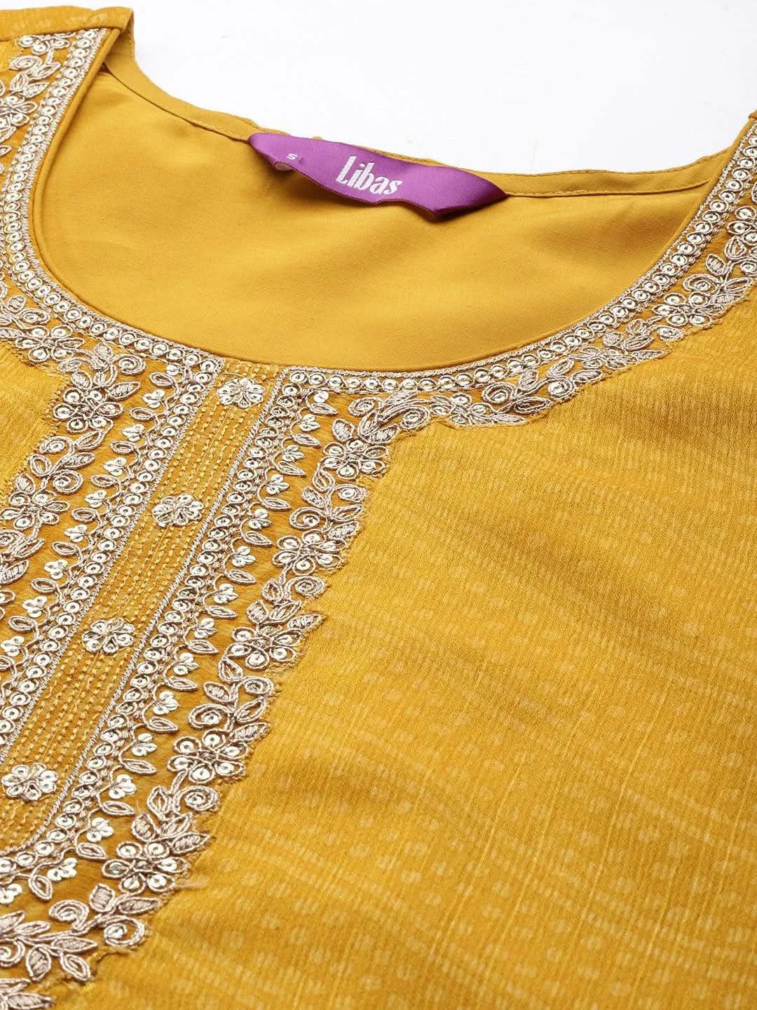 Mameraa Yellow Printed Chiffon Straight Kurta With Trousers & Dupatta