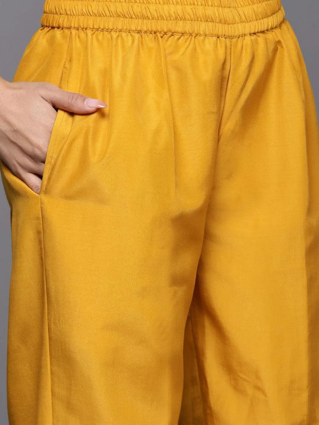 Mameraa Yellow Printed Chiffon Straight Kurta With Trousers & Dupatta