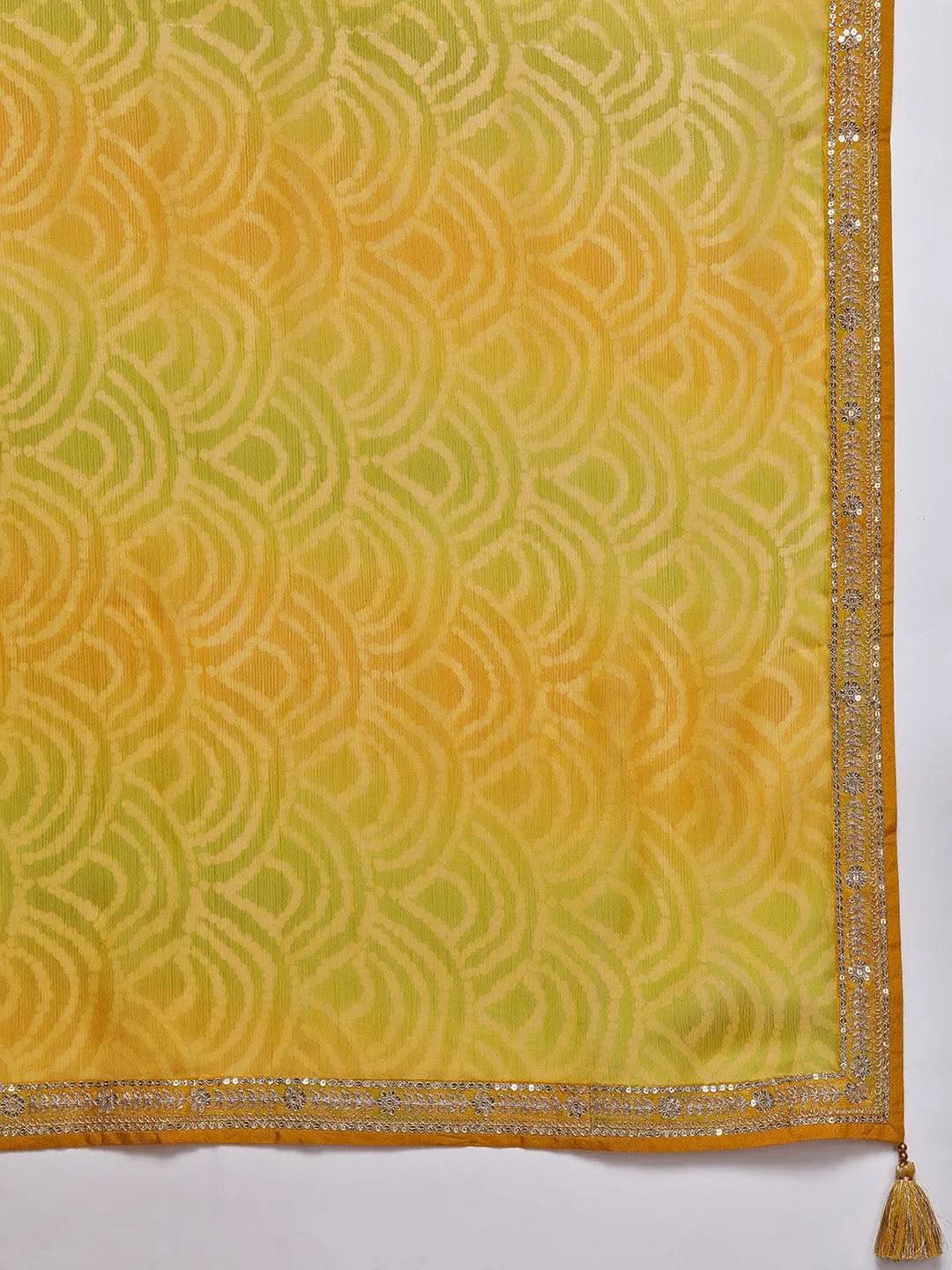 Mameraa Yellow Printed Chiffon Straight Kurta With Trousers & Dupatta