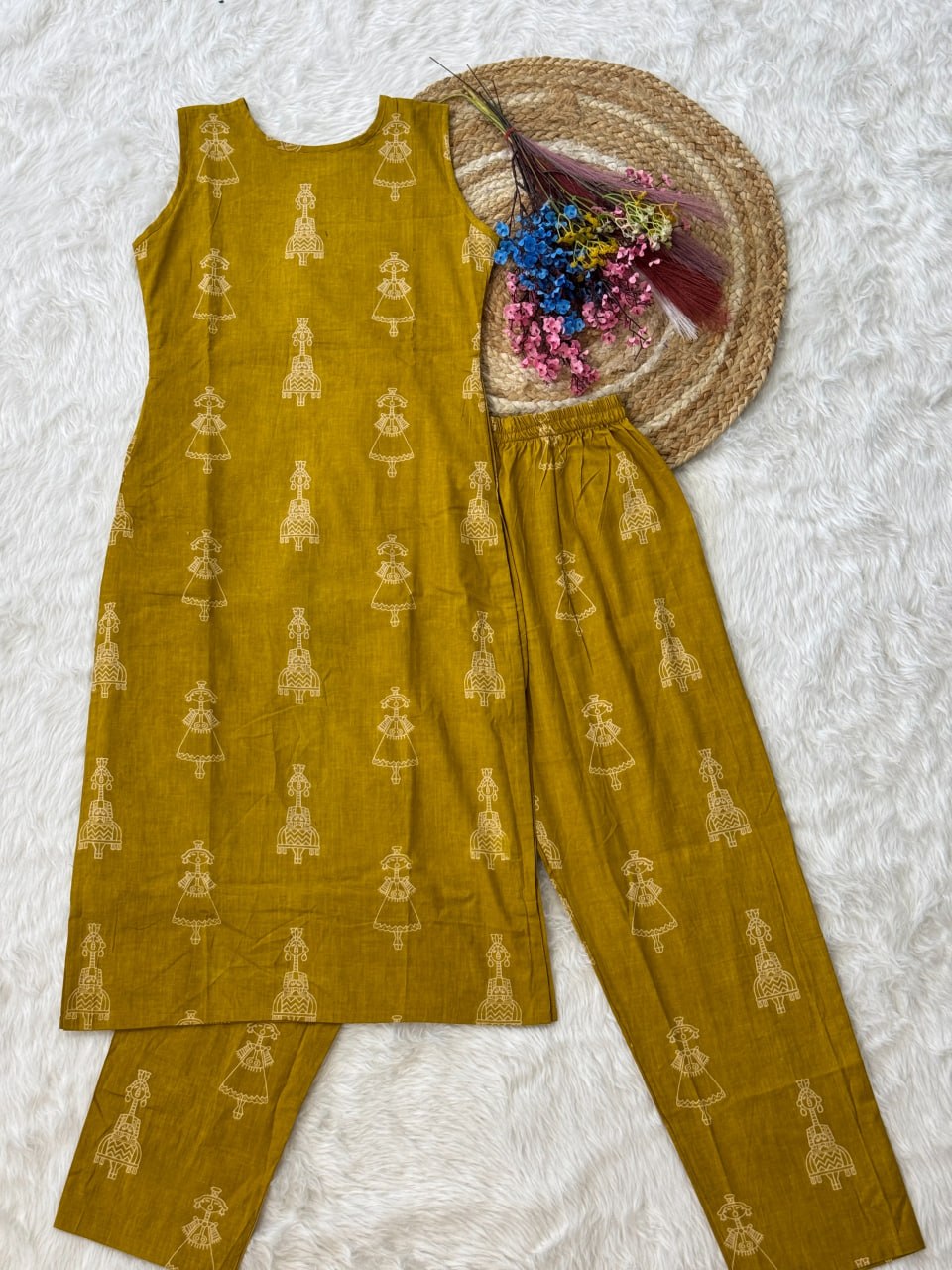 Yellow Printed Cotton Kurti Pant Set