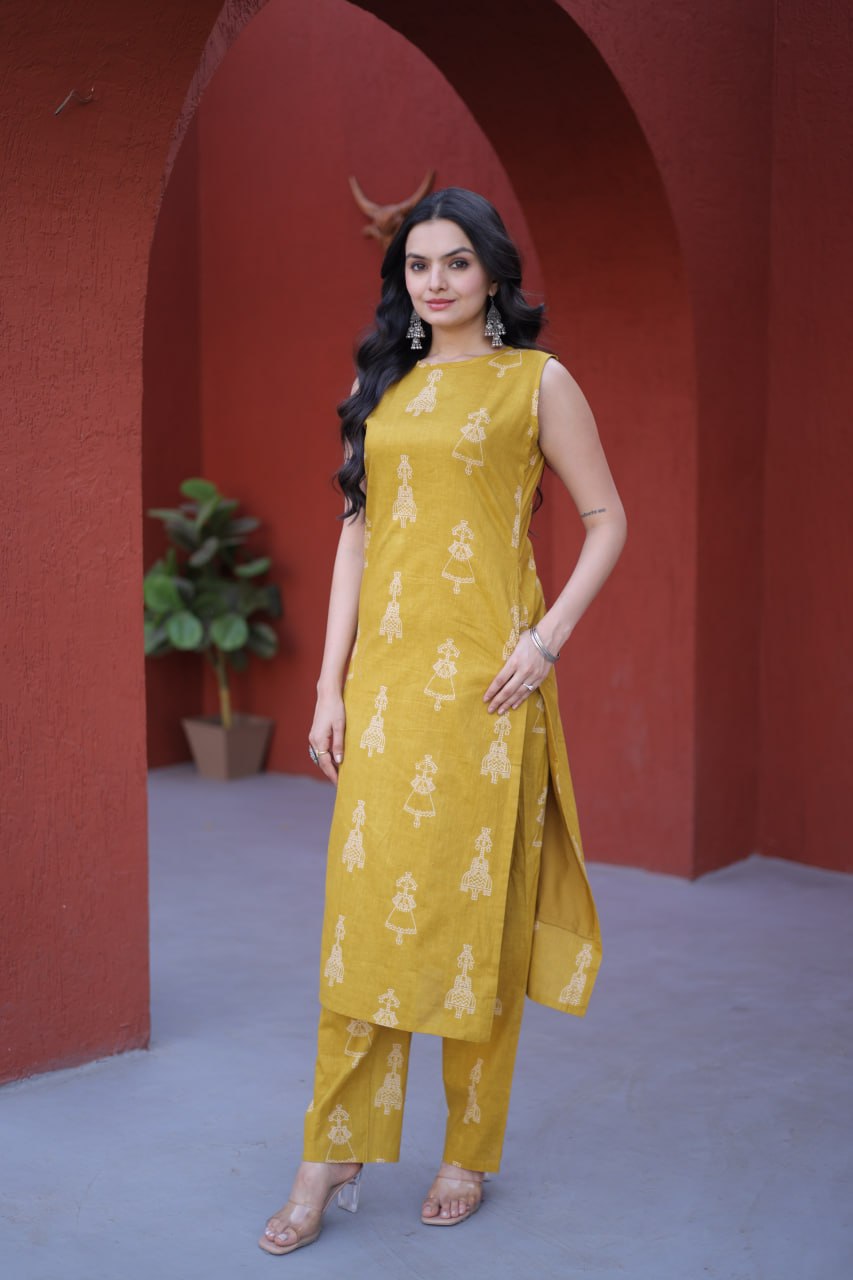 Yellow Printed Cotton Kurti Pant Set
