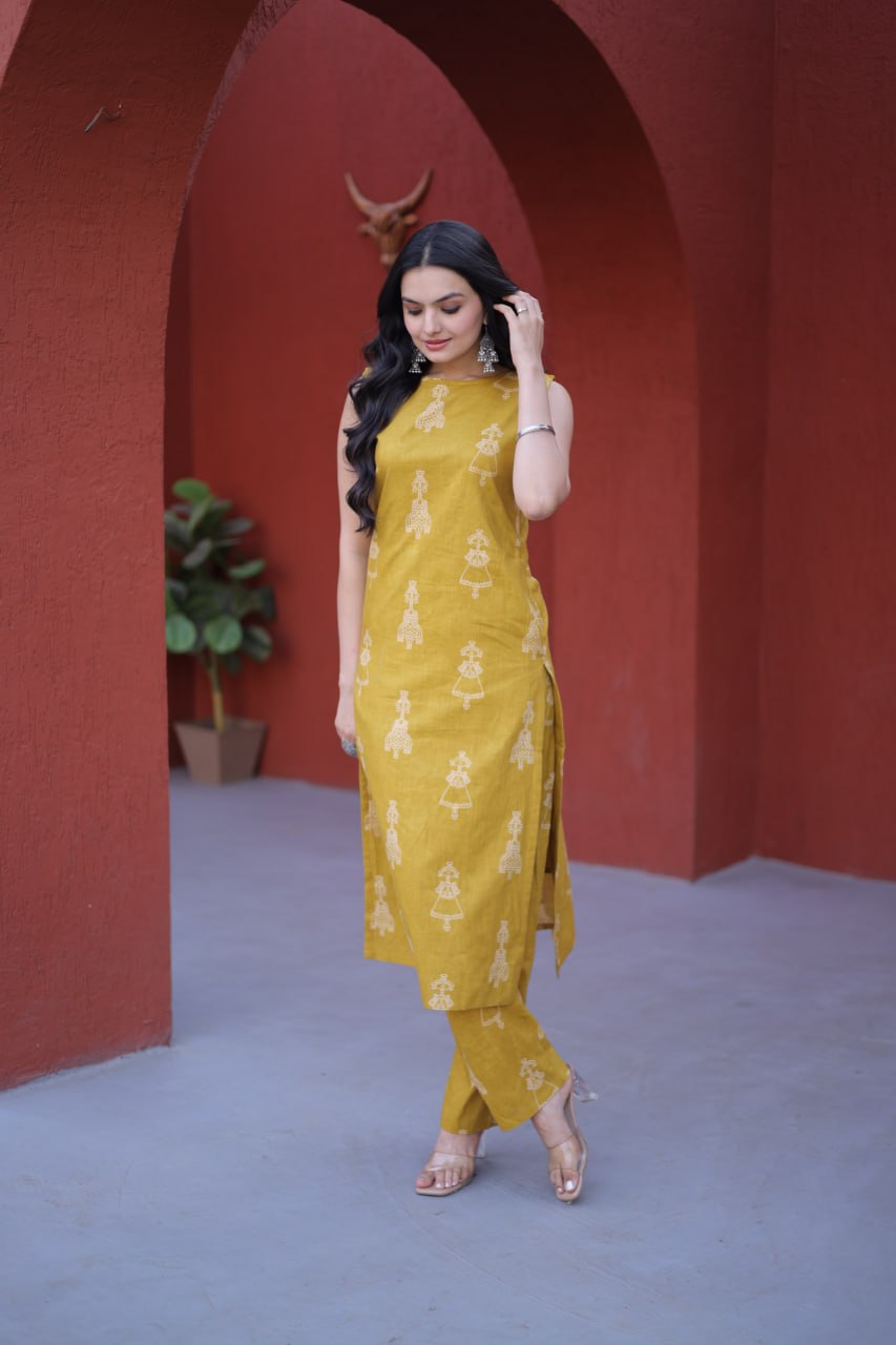 Yellow Printed Cotton Kurti Pant Set