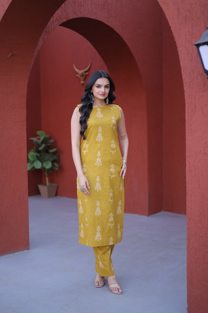 Yellow Printed Cotton Kurti Pant Set